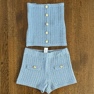 Zara Blue Knit Button-Front Tube Top & Shorts Set